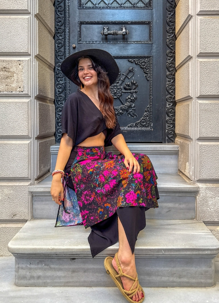 Black Floral Double-Layer Skirt with Elastic Waist 7241