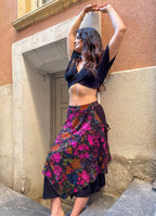 Black Floral Double-Layer Skirt with Elastic Waist 7241