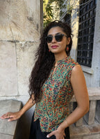 Mandarin Collar Cross-Button Green Floral Blouse