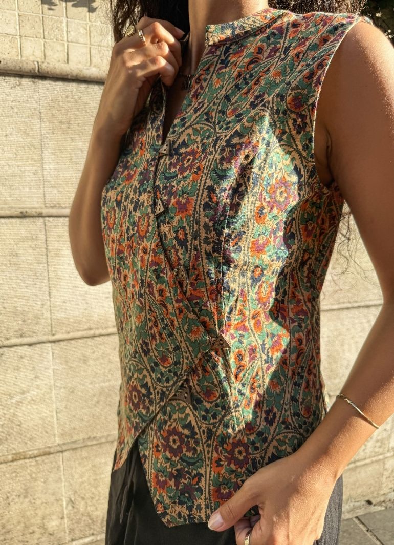 Mandarin Collar Cross-Button Green Floral Blouse
