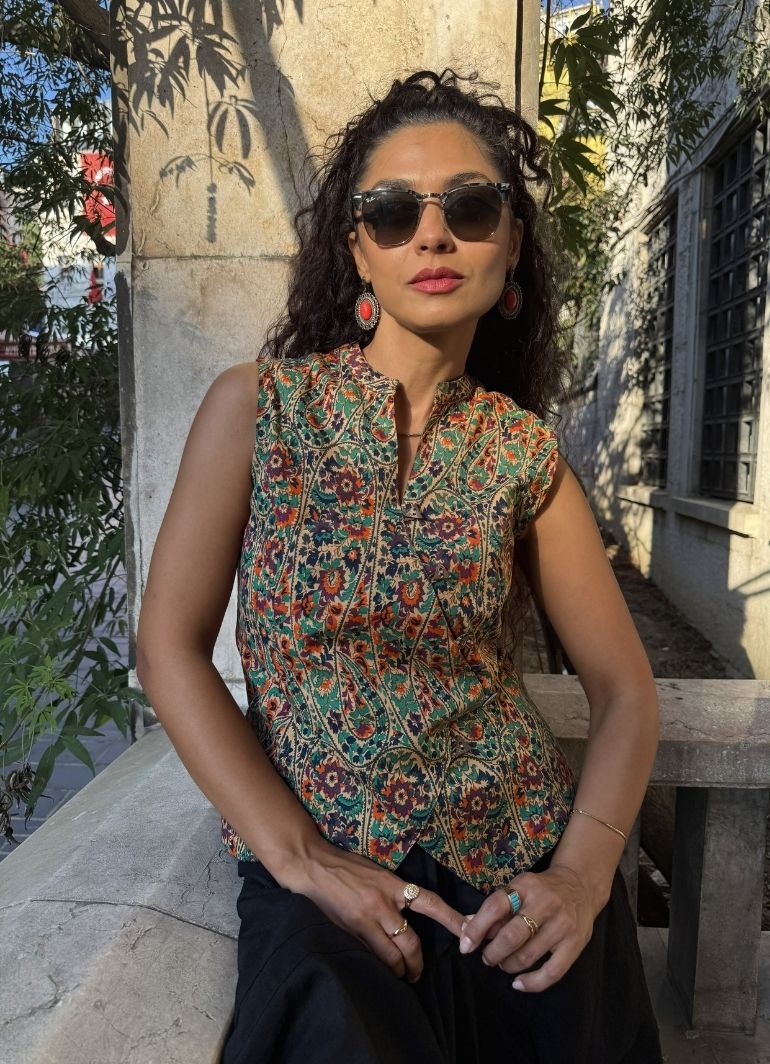 Mandarin Collar Cross-Button Green Floral Blouse