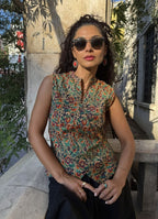 Mandarin Collar Cross-Button Green Floral Blouse