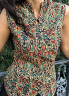 Mandarin Collar Cross-Button Green Floral Blouse