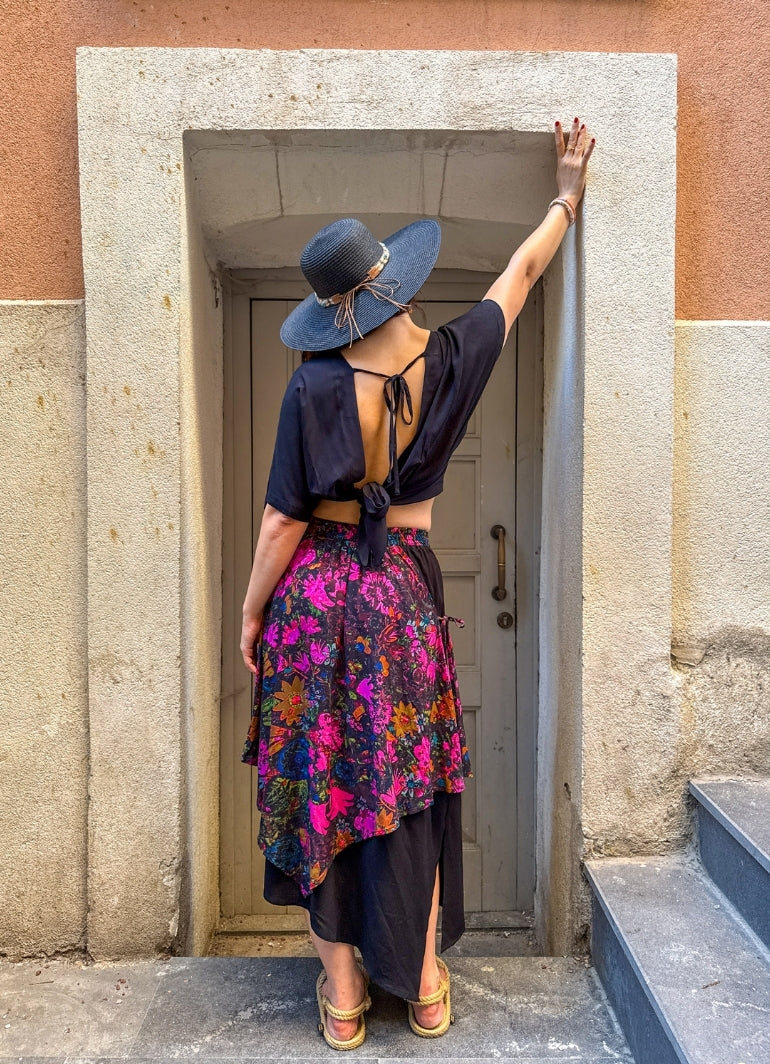 Black Floral Double-Layer Skirt with Elastic Waist 7241