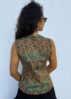 Mandarin Collar Cross-Button Green Floral Blouse