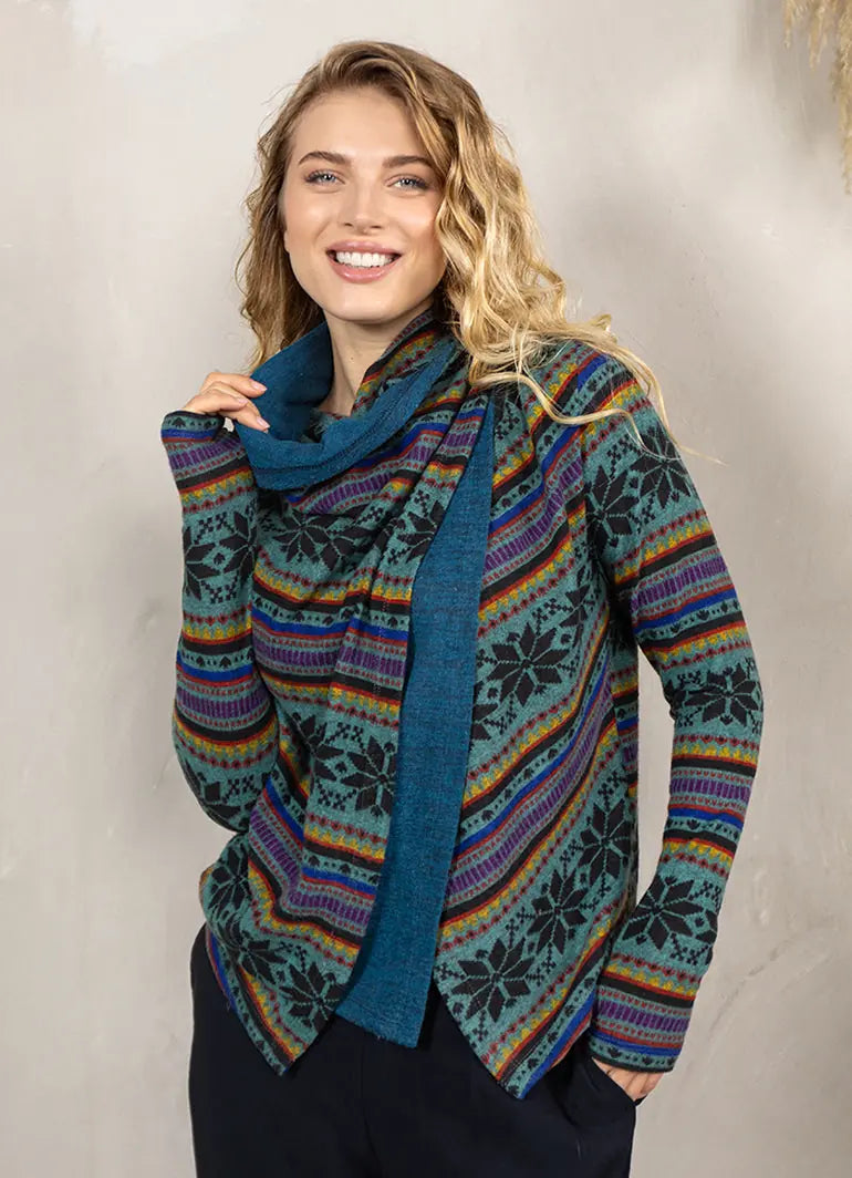 Parmak Geçmeli Salaş Petrol Kilim Desenli Hırka 6252