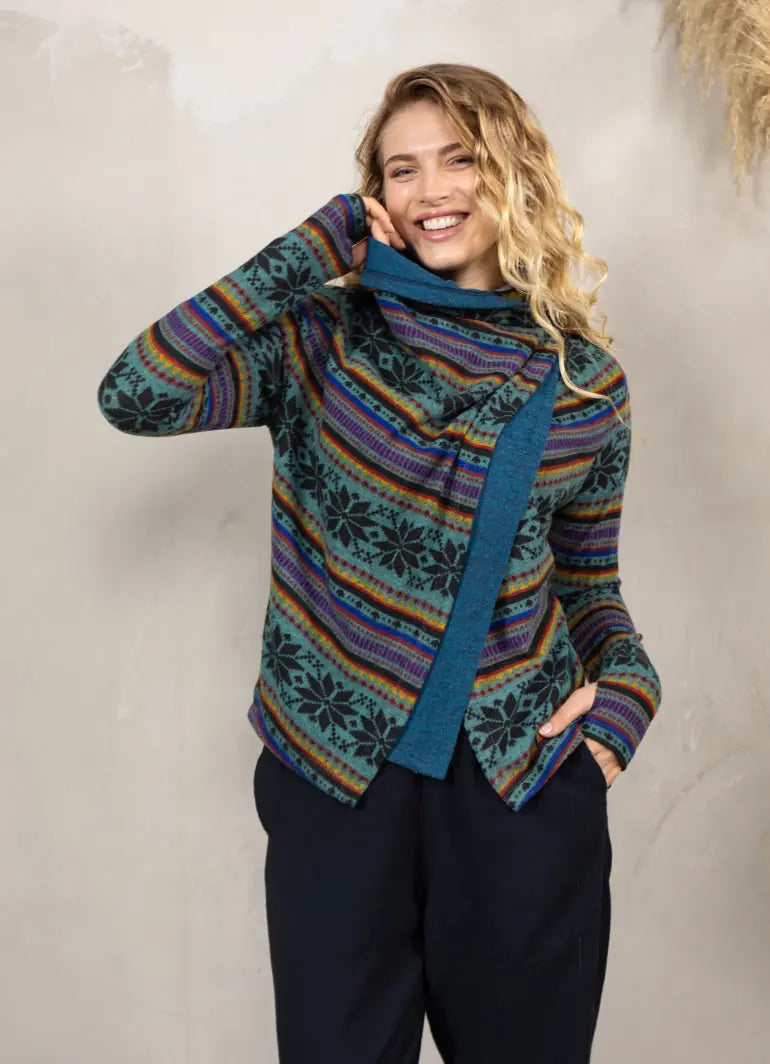 Parmak Geçmeli Salaş Petrol Kilim Desenli Hırka 6252