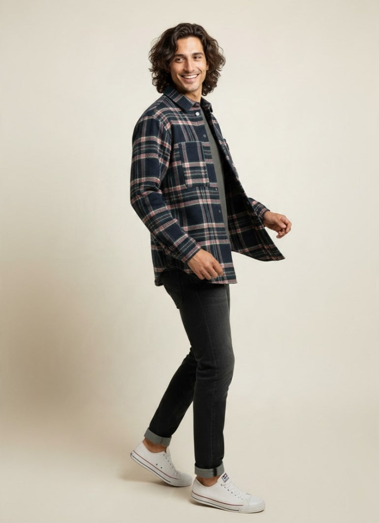 Cepli Lacivert Kırmızı Ekose Desenli Erkek Gömlek Ceket