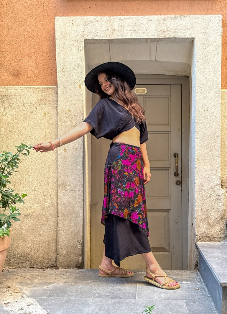 Black Floral Double-Layer Skirt with Elastic Waist 7241
