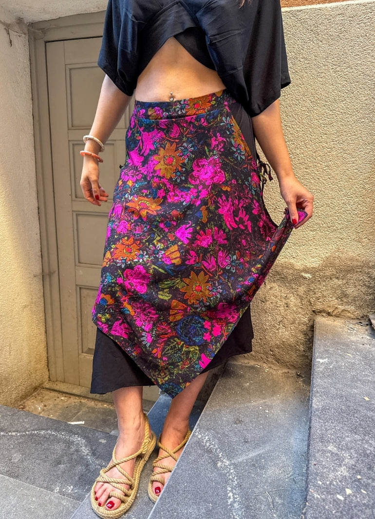 Black Floral Double-Layer Skirt with Elastic Waist 7241