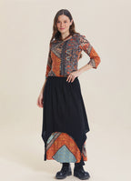 Beli Lastikli Çift Katlı Kahve Desenli Asimetrik Etek