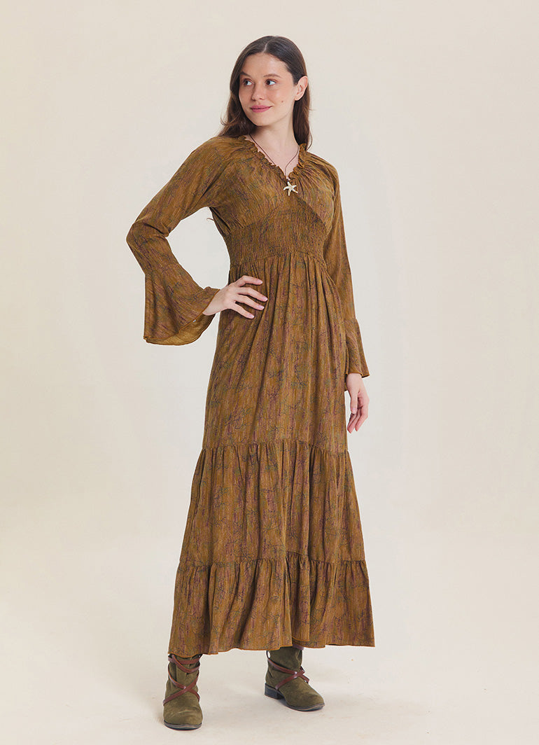 V Yaka İspanyol Kol Gipeli Haki Desenli Kışlık Elbise