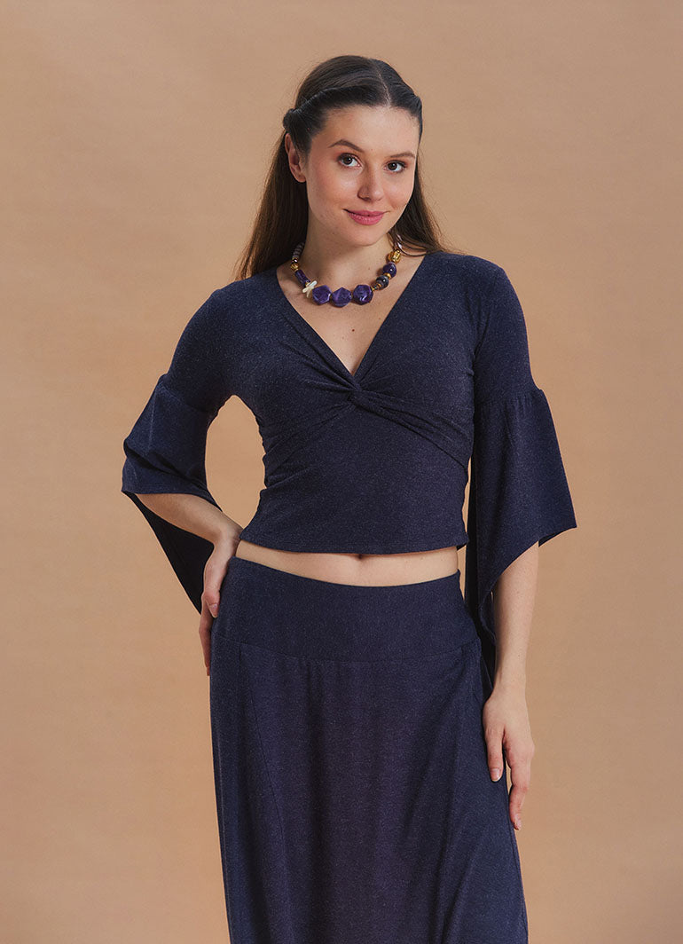 Wrap-Neck Short-Sleeved Green Winter Blouse 7050