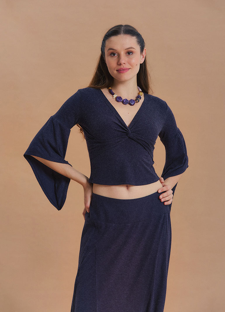 Wrap-Neck Short-Sleeved Green Winter Blouse 7050