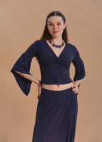 Wrap-Neck Short-Sleeved Green Winter Blouse 7050