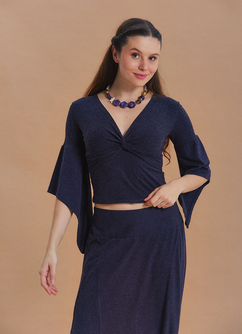 Wrap-Neck Short-Sleeved Green Winter Blouse 7050