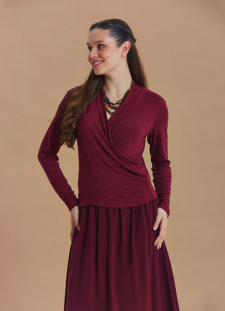 Kruvaze Yaka Drapeli Bordo Uzun Kollu Bluz