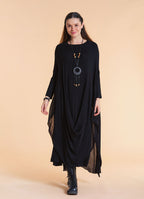 Kayık Yaka Asimetrik Kesim Çift Katlı Siyah Uzun Elbise