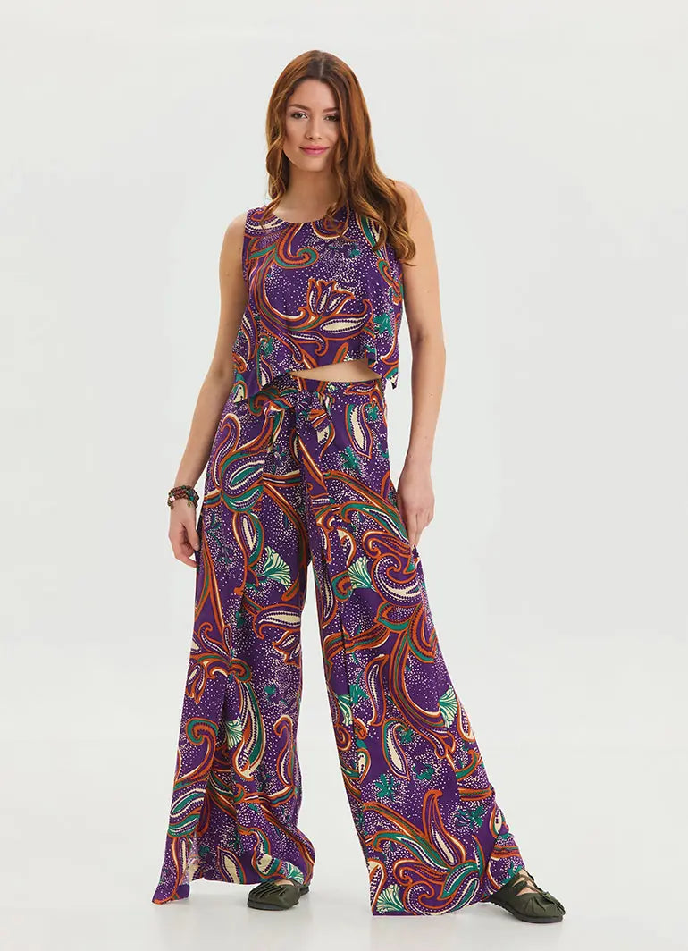 Kayık Yaka Sırt Dekolteli Mor Otantik Tulum 6854