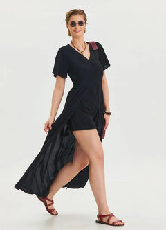 Black Women's Jumpsuit with Ruffle Sleeves and Shorts Detail 6809