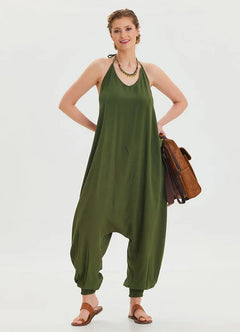 Halter Neck Elastic Hem Khaki Bohemian Jumpsuit 6802