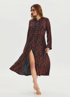 Crew Neck Button Detailed Black Long Sleeve Dress 6762