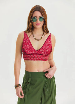 Lace-up Open Back Adjustable Red Crop Blouse 6965