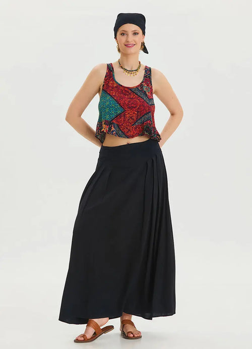 Beli Lastikli Drape Detaylı Siyah Uzun Etek 6812