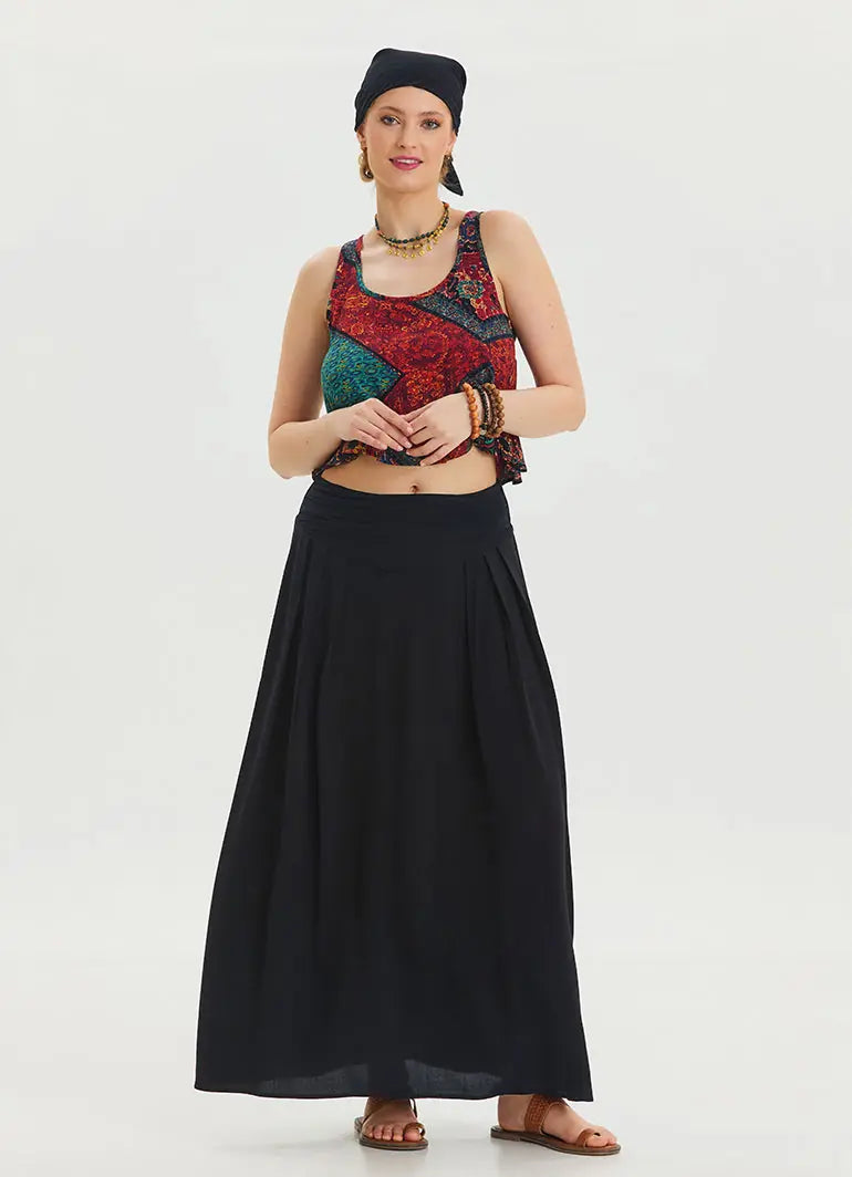 Beli Lastikli Drape Detaylı Siyah Uzun Etek 6812