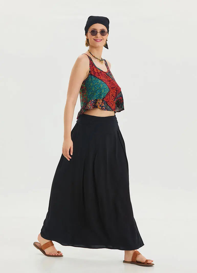 Beli Lastikli Drape Detaylı Siyah Uzun Etek 6812