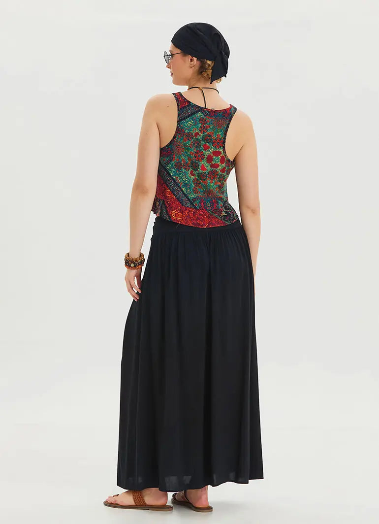 Beli Lastikli Drape Detaylı Siyah Uzun Etek 6812