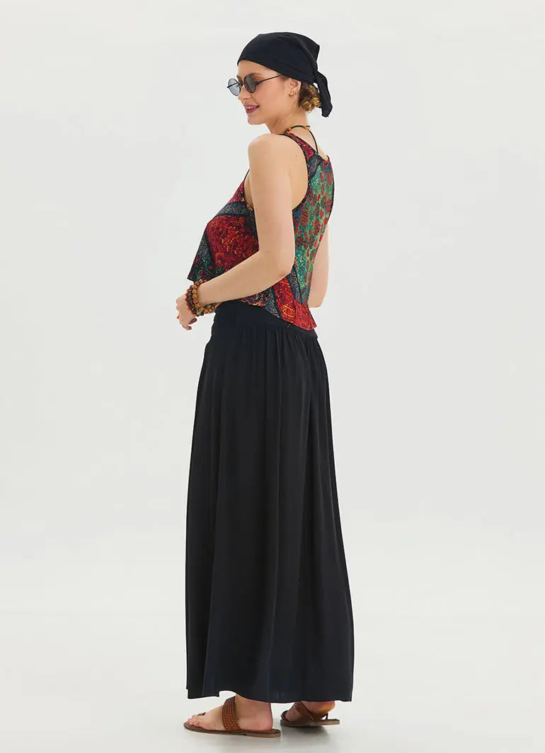 Beli Lastikli Drape Detaylı Siyah Uzun Etek 6812