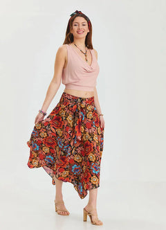 Smocked Detail Tie-Waist Black Patterned Printed Cotton Skirt 6838