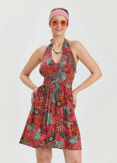 V-Neck Halter Neck Red Floral Dress 6863
