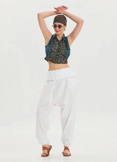 White Bohemian Harem Pants with Belt Detail and Pockets 6786