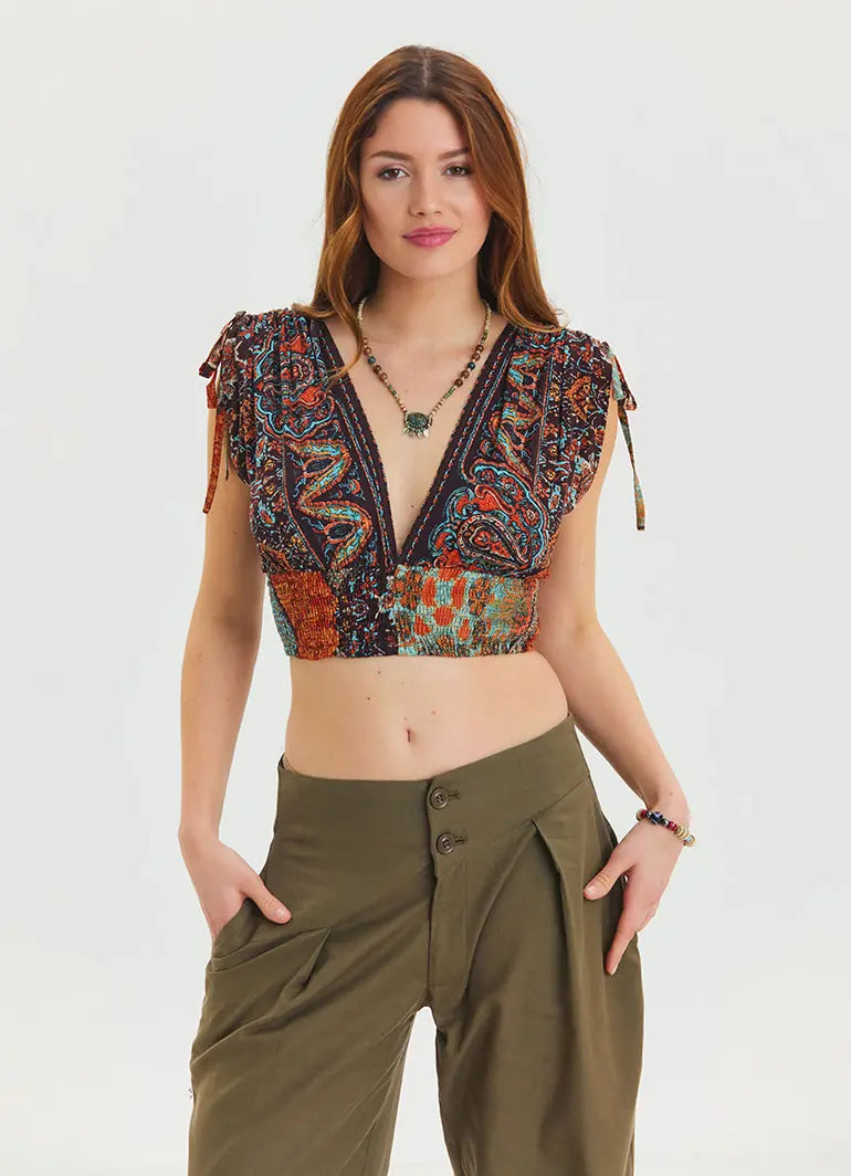 Derin V Yaka Beli Gipeli Kahve Crop Bluz 6934