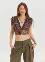 Derin V Yaka Beli Gipeli Kahve Crop Bluz 6934