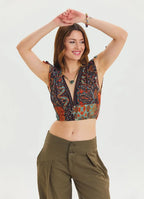 Derin V Yaka Beli Gipeli Kahve Crop Bluz 6934
