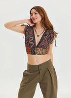 Derin V Yaka Beli Gipeli Kahve Crop Bluz 6934