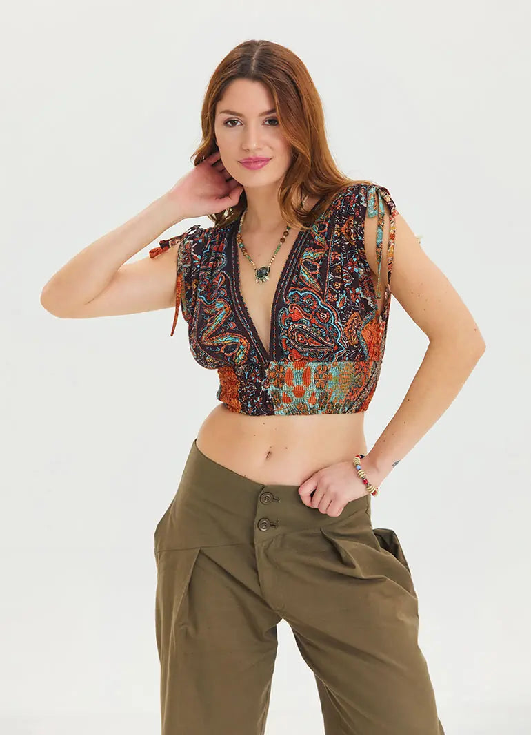 Derin V Yaka Beli Gipeli Kahve Crop Bluz 6934