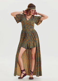 Petroleum Women's Bohemian Jumpsuit with Ruffled Sleeves and Shorts Detail 6806
