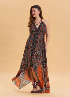 V-Neck Open-Back Halter Neck Ethnic Brown Dress 6972
