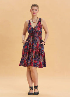 V-Neck Yoke Red Patterned Ethnic Dress 6847