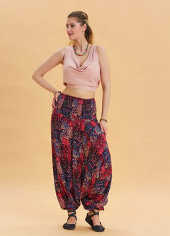 Red Boho Smocked Waist Harem Pants 6855