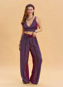 Elastic Waist Sash-Detail Purple Summer Trousers 6889