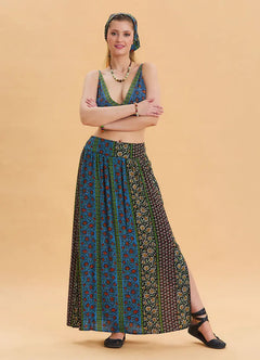 Elastic Waist Deep Slit Navy Blue Long Skirt 6834