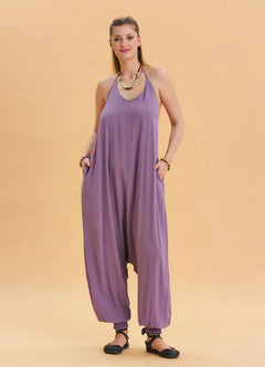 Halter Neck Elastic Hem Lilac Women's Bohemian Jumpsuit 6805