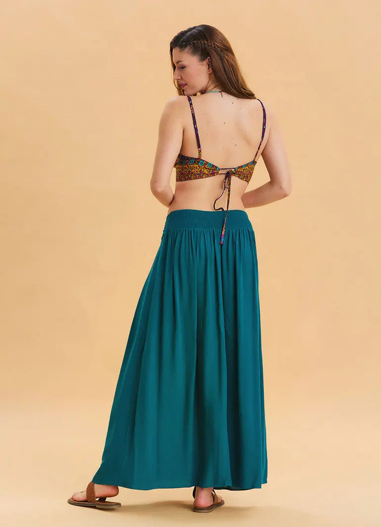 Beli Lastikli Drape Detaylı Petrol Uzun Etek 6810
