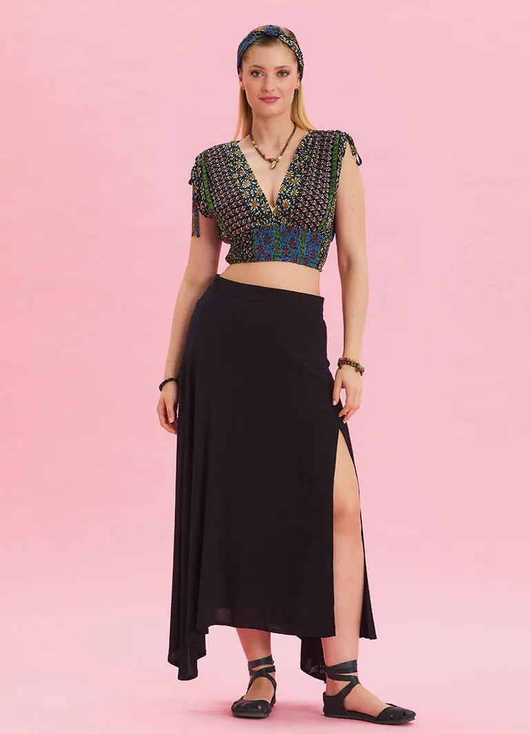 Fermuar Detaylı Yırtmaçlı Siyah Asimetrik Etek 6956