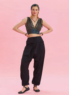 Black Bohemian Harem Pants with Belt Detail and Pockets 6788